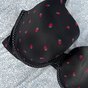 Victoria's Secret Bra Strawberry Black White Polka Dot 38 DDD Lined Demi Double